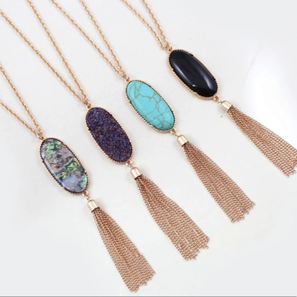 NEW Long Tassel Turquoise Druzy Stone Necklace - Picture 6 of 7